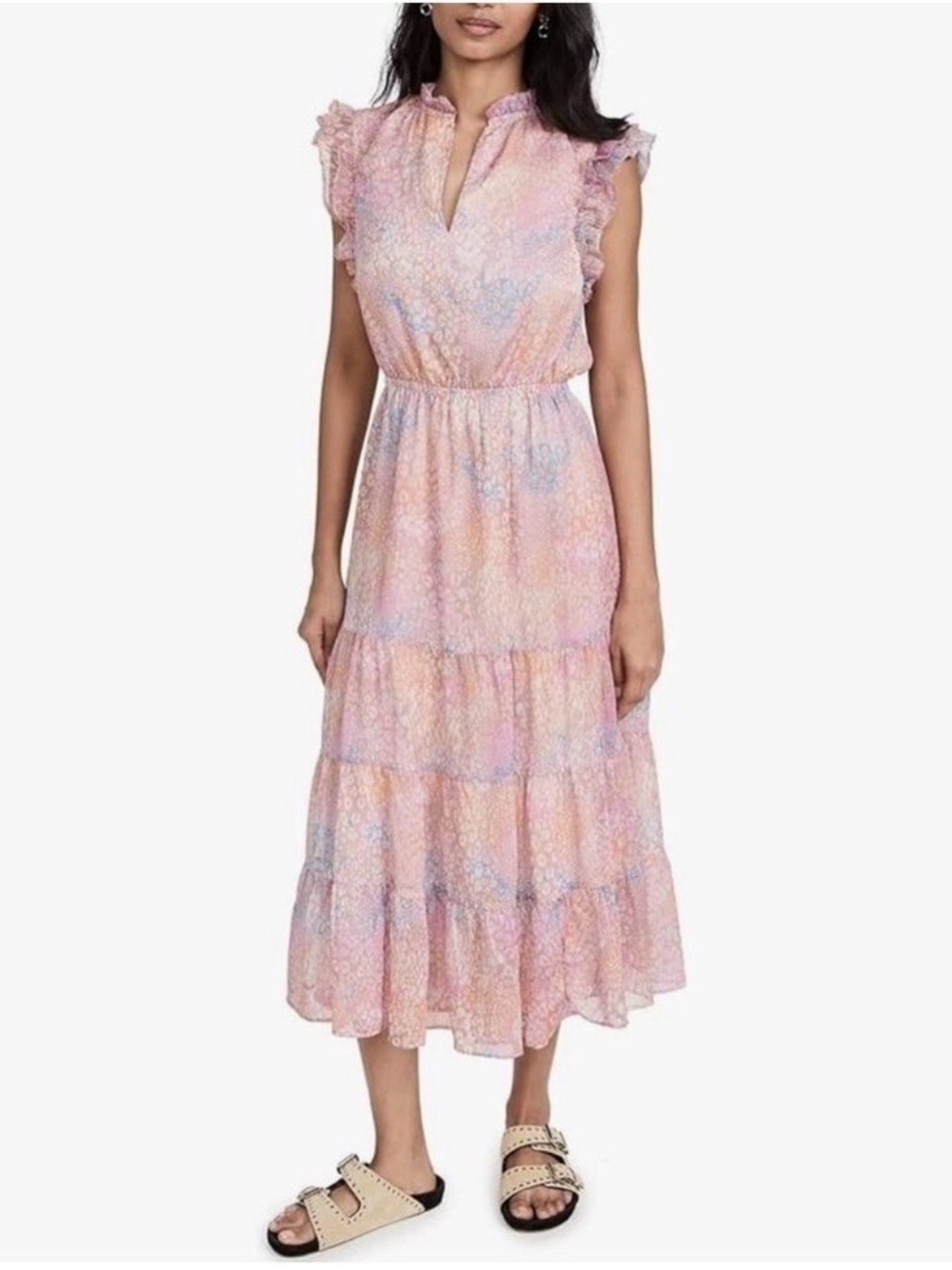 BB DAKOTA tiered maxi dress pink blue pastel Fits 6-8 floral Summer Feminine